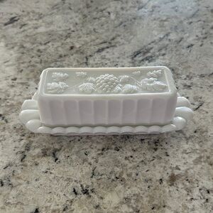 Vintage Westmoreland White Milk Glass Butter Dish with Grape Design